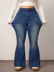 Enliva Plus Size Women Solid Color Slim Fit Flared Leg Denim Jeans, For Apple & Rounded Body Shape - Blue - View 5