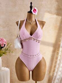 Bellisia Bộ đồ bơi đi biển mùa xuân/hè 26SS dành cho nữ, thanh lịch, lãng mạn, họa tiết hoa, phong cách boho bohemian, dây đeo vai mảnh có nơ thắt hình vỏ sò, cúp ngực rời, dây spaghetti và nơ cài cổ, thích hợp cho kỳ nghỉ biển. - Hồng - Xem 1