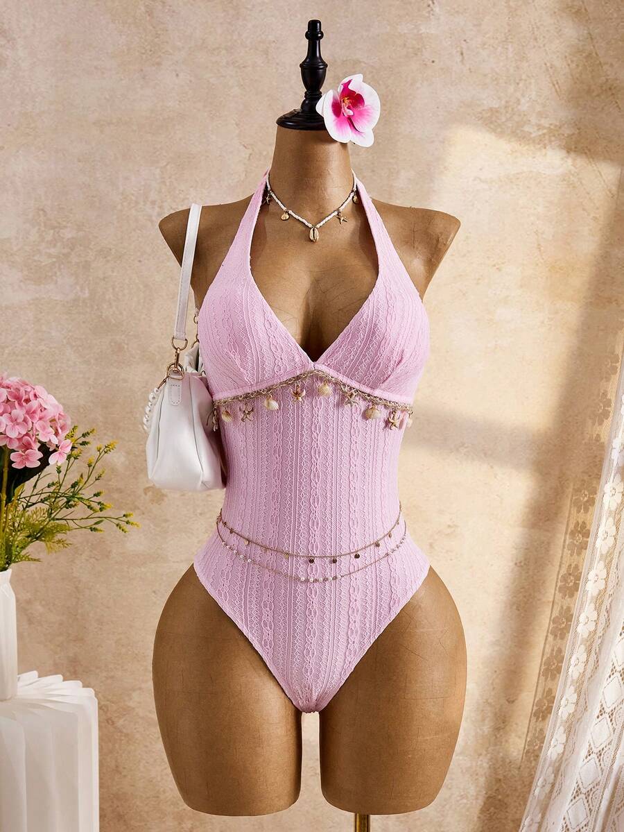 Bellisia Bộ đồ bơi đi biển mùa xuân/hè 26SS dành cho nữ, thanh lịch, lãng mạn, họa tiết hoa, phong cách boho bohemian, dây đeo vai mảnh có nơ thắt hình vỏ sò, cúp ngực rời, dây spaghetti và nơ cài cổ, thích hợp cho kỳ nghỉ biển. - Hồng - Xem 1