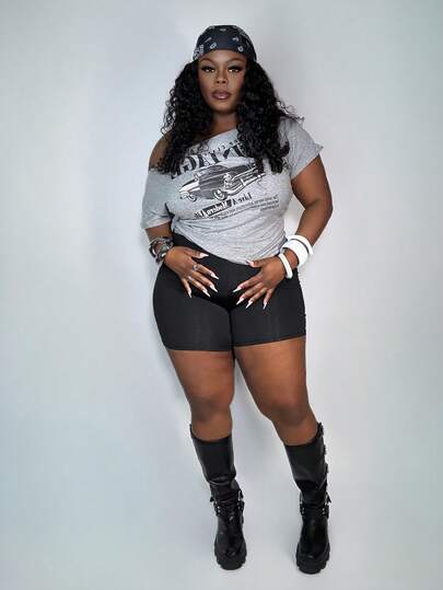 Truni 复古风格复古汽车字母印花休闲腰部褶皱露肩紧身短袖 T 恤，适合大码女士，适合夏季女士图案 T 恤短款上衣图案 T 恤