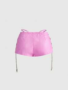 ROMWE Avant Quần short nữ kiểu retro gyaru biker, chất liệu giả da, cạp thấp, ôm sát. - Bụi hồng - Xem 2