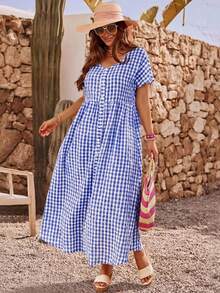 EMERY ROSE Đầm ngắn tay cổ chữ V kẻ caro cỡ lớn dành cho nữ, thích hợp cho kỳ nghỉ hè. - Màu xanh ngọc - Xem 5