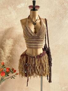 Soleia 女士V领露背系带露脐上衣搭配流苏迷你裙两件套，适合派对、圣诞节、约会、夜店、波西米亚风、度假、秋季等场合。 - 彩色 - 查看 1