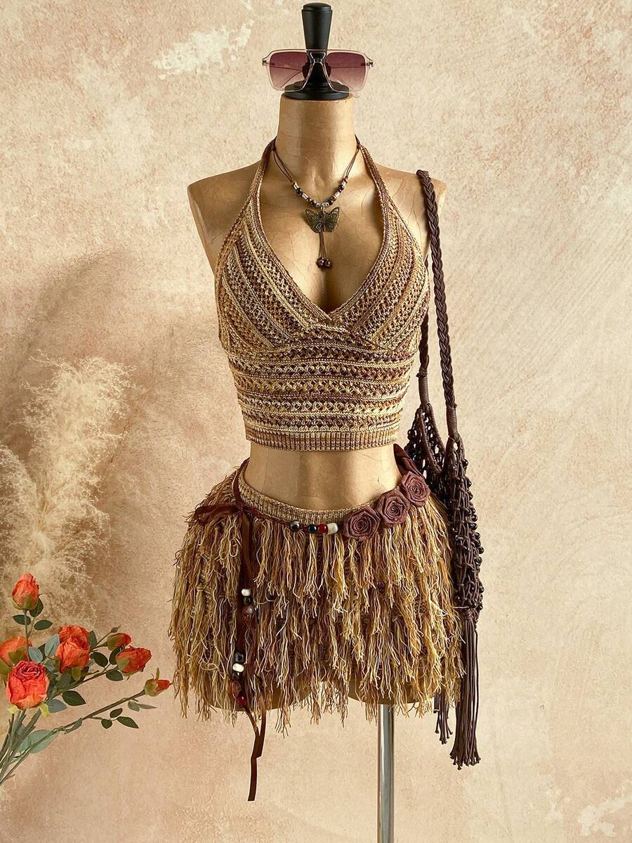 Soleia 女士V领露背系带露脐上衣搭配流苏迷你裙两件套，适合派对、圣诞节、约会、夜店、波西米亚风、度假、秋季等场合。 - 彩色 - 查看 1