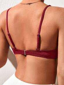 SHEIN Swim 女士纯色纹理性感比基尼上衣，夏季沙滩装 - 酒紅色 - 查看 2