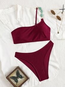 Swim Chiccia 女士夏季沙滩音乐节棕色亮面面料串珠单肩优雅比基尼套装 - 中紫紅色 - 查看 5