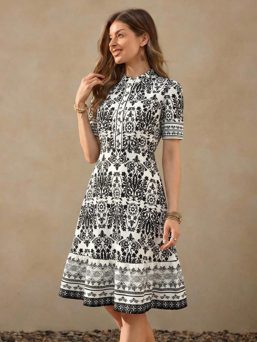 Wildy BOHO Bohemian Blue And White Porcelain Print Midi Dress, Summercasual Outfit For Women Jacquard Dress Print Dresses For Women Pattern Dress Motif Women Dresses Church Dress Women Women's Dresses - Apricot - View 1