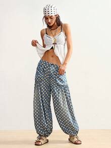 Bohemela Quần jean ống loe chấm bi phong cách thường ngày dành cho nữ, thích hợp cho kỳ nghỉ. - xanh quân đội - Xem 3