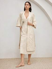 Ocili Comfortable Silky Jacquard Fabric Mid-Sleeve Robe With Tie, Comfortable Chic Autumn Slumber Nightgown For Women - Khaki - View 2