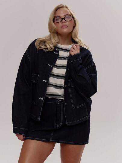 MUSERA Áo khoác denim cỡ lớn phối đường chỉ tương phản, dễ thương, ấm áp, thích hợp mặc hàng ngày vào mùa xuân.