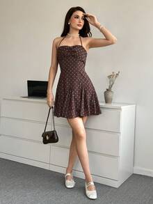 Modelyn Vintage Romantic Brown Polka Dot Halter Waist Cinched Chiffon Mini Dress For Women Ruched Backless Sleeveless Vacation Summer - Multicolor - View 5
