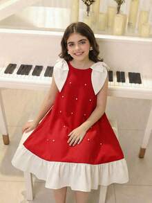 Đầm dự tiệc không tay màu đỏ phối bèo nhún, nơ và đính cườm, thanh lịch dành cho bé gái. - Nhiều màu - Xem 9