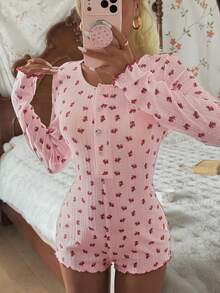 SHEIN Women's Long Sleeve Romantic Pink Floral Rose Pattern Jacquard Knit Jumpsuit Pajamas - Pink - View 3