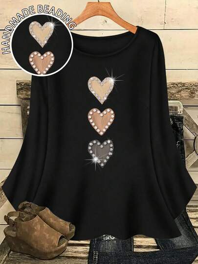 Mellowie Plus Size Women Casual All-Over Print Round Neck Loose 3/4 Sleeve Shirt, Autumn/Winter