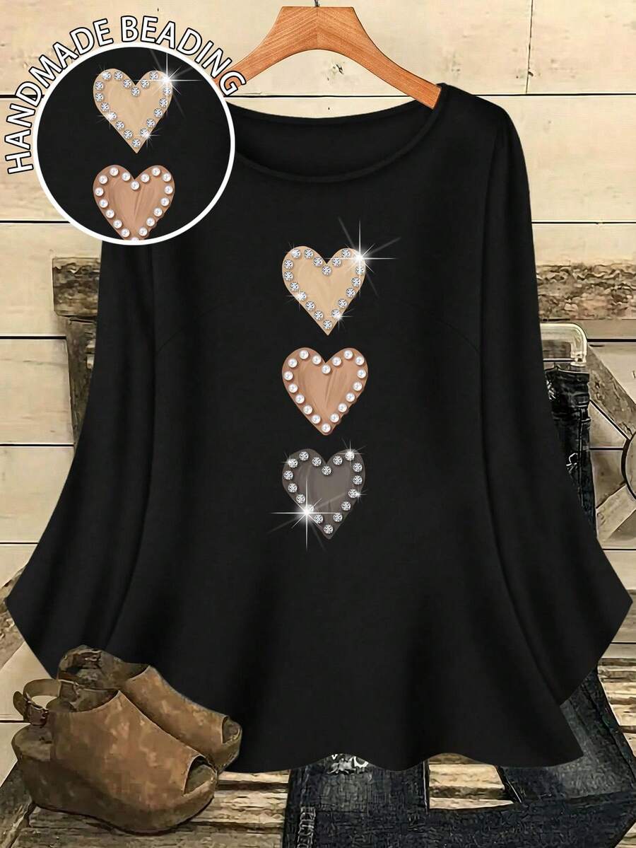 Mellowie 大码女式休闲印花圆领宽松七分袖衬衫，秋冬季 - 彩色 - 查看 1