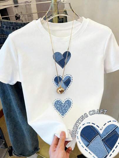 Resyla Heart Print Casual Short Sleeve Round Neck T-Shirt For Women, A Great Gift For Friends