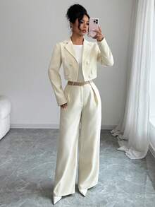 SHEIN PETITE Elegant Casual Fashion Office Commute Back To School Beach Vacation Two Pieces Set: Square Neck Short Jacket, Loose Straight Leg Pants, Solid Woven, Autumn/Winter - Apricot - View 5