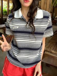 DAZY Women's Polo Collar Striped Short Sleeve T-Shirt, Loose Fit Top Summer - Black and White - View 5