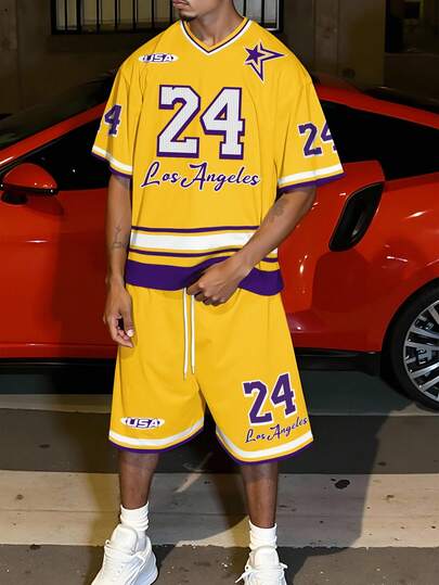 Aesthetic Post 篮球风宽松男士T恤短裤套装两件套，度假休闲两件套，夏季度假两件套，男装