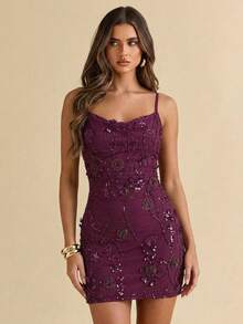 SHEIN BAE 女士优雅收腰亮片花卉装饰迷你派对连衣裙 - 中紫紅色 - 查看 2
