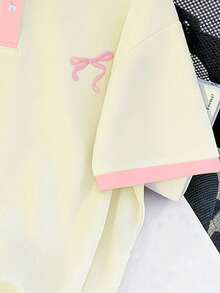 Resyla Women's Casual Contrast Trim Bow Print Collared Short Sleeve Top, Summer - Light Yellow - View 4