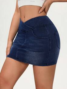 Flexra Women's Elastic Waist Fitted Denim Mini Skirt - Medium Wash - View 5