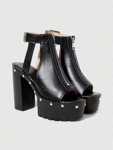 ROMWE Women's Thick Sole Zipper Design High Heel Fashion Sandals - Black - View 1