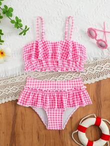 SHEIN Girls (Small) Plaid Minimalist Daily Swimsuit Set - Pink - View 3