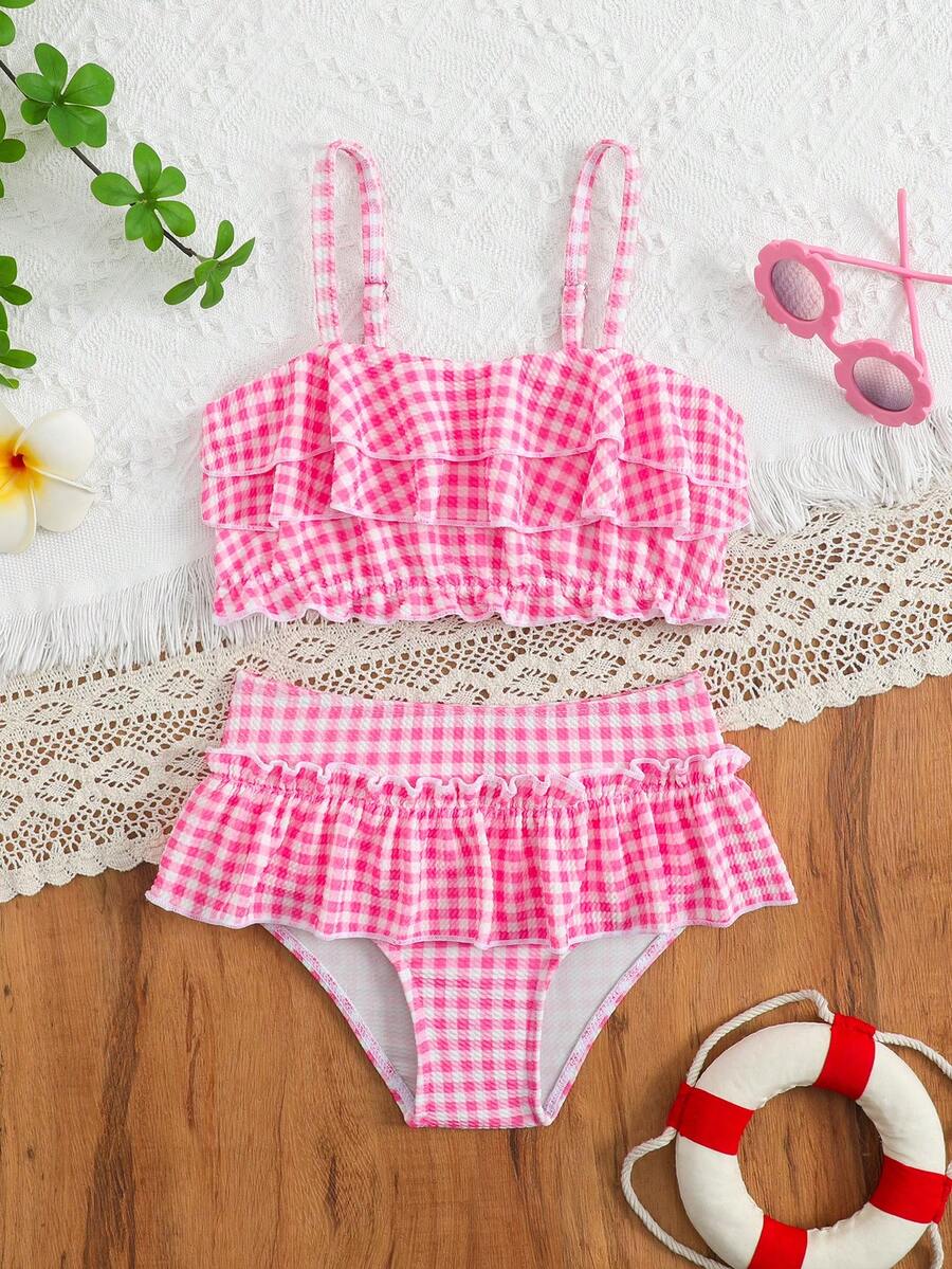 SHEIN Young Girls Pink Gingham Bikini Set,2Pcs Ruffled Swimwear With Skirted Bottom,Quick-Drying Checkered Swimsuit For Summer,Beach,Holiday - Pink - View 1