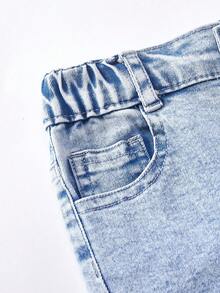 SHEIN Young Girls' Distressed Skinny Fit Elastic Denim Jeans, Casual Washed Light Blue - Light Wash - View 6