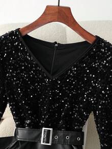 Lyxana Women's Elegant Sequin & Faux Leather Patchwork Ruched Bodycon V-Neck Dress, Slimming Fit, Autumn/Winter - Black - View 5