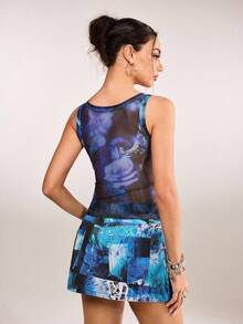 plantica Casual Sexy Urban Chic Floral Print Mesh & Sequin Patchwork Camisole Top, Suitable For Outings, Travel, Wedding, Holiday, Date, Party, Music Festival, Valentine's Day, Spring/Summer,Going Out,Sexy, Elegant,, Wedding Guest, Music Festival, Musician, Night Club - Multicolor - View 2