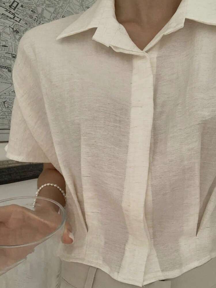 Loose Short Sleeve Cuban Collar Shirt For Women, Vintage French Style Casual Blouse