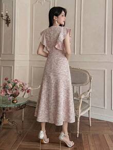 DAZY 女士优雅纹理荷叶边下摆圆领中长连衣裙，夏季 - 粉色 - 查看 2