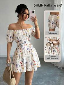 Pariaura INS 法式弹力腰带印花露肩短袖连体裤（女款） - 杏色 - 查看 4