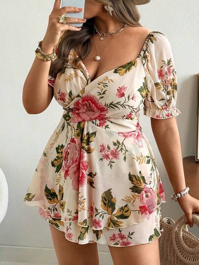 Ceyna Macacão feminino plus size casual, elegante e confortável em chiffon com estampa floral, ideal para praia, viagens, atividades ao ar livre e uso diário.