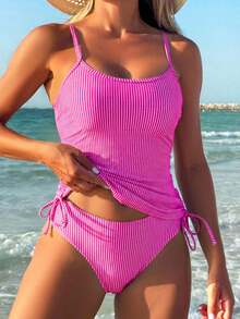 Swim Lushoire SS2025 Women Spring/Summer Beach Swimwear,Blue And Write Stripe Tankini Swimsuit - Hot Pink - View 5