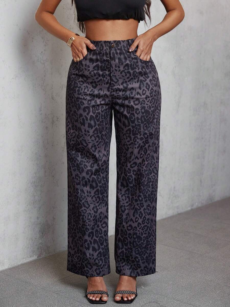 Eryvara Pantalones de pierna recta con estampado de leopardo, pantalones cargo de cintura alta casual y sueltos de pierna ancha - Multicolor - Ver 1