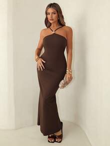 Sirith Elegant Sexy Coffee Brown Halter Backless Sleeveless Dress For Dates & Holidays, Spring/Autumn - Coffee Brown - View 3