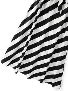 SHEIN Franclia 女士休闲时尚圆领插肩袖连衣裙，前系蝴蝶结条纹复古连衣裙 - 黑與白 - 查看 4