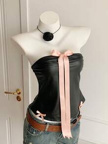 Comfortcana Women's Contrast Color Bow Decor Fitted Camisole Top - Black - View 1