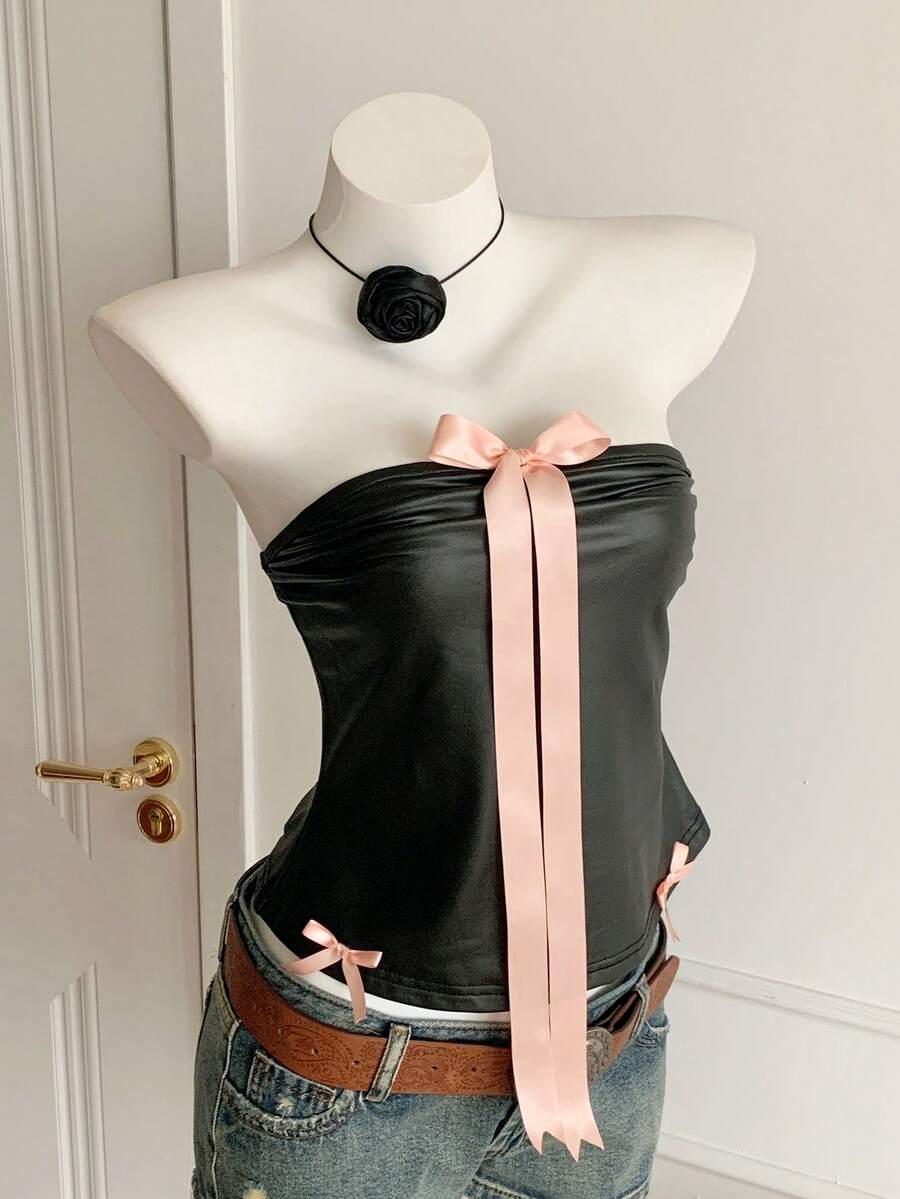 Comfortcana Women's Contrast Color Bow Decor Fitted Camisole Top - Black - View 1