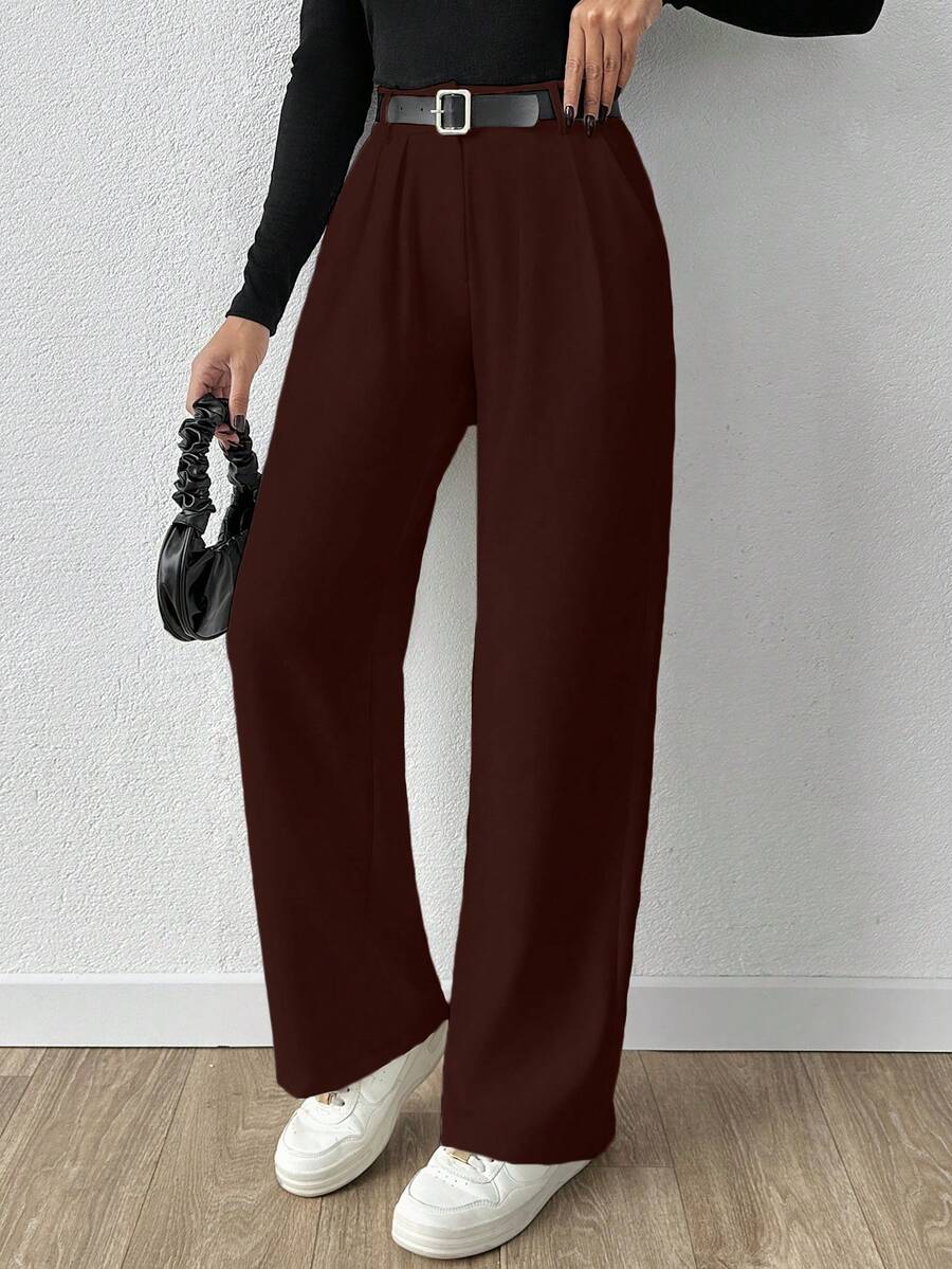 EURMUSE Women Solid Color Extra Wide Leg Pants - Brown - View 1