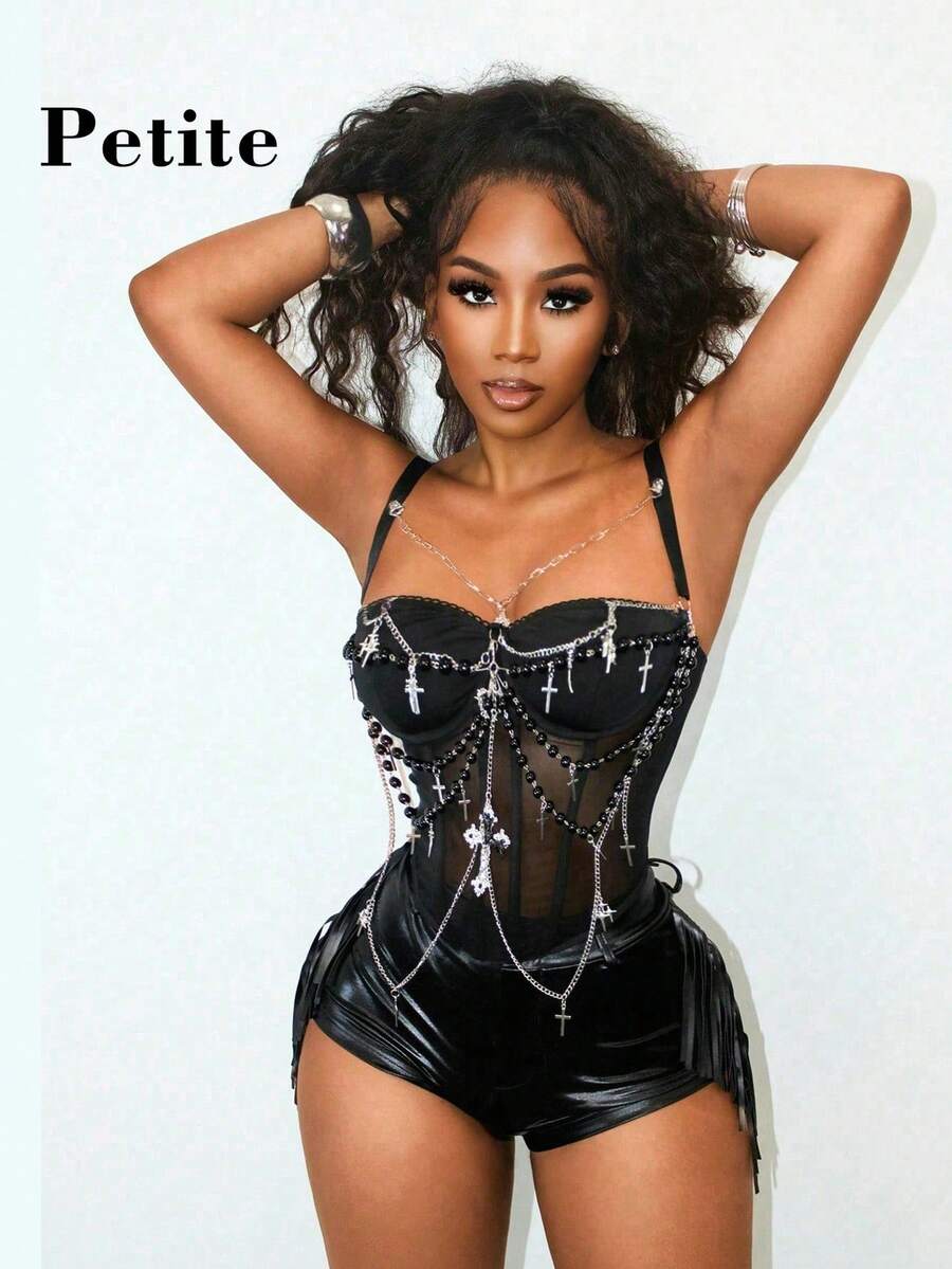 SHEIN PETITE 女士吊带背心，女士音乐节装饰吊带背心 - 黑色 - 查看 1