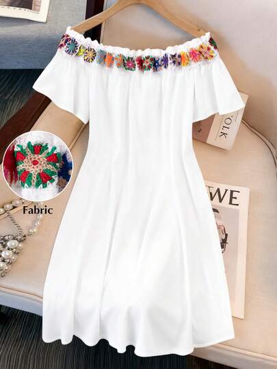 GlowEve CURVE Vestido casual de fiesta de vacaciones con hombros descubiertos y bordado floral para mujer de talla grande