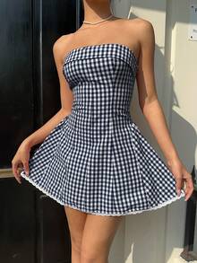 Aloruh Women's Sexy Vintage Red & White Plaid Print Ruched Waist Vacation Mini Dress - Navy Blue - View 7