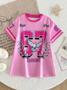 SHEIN 女童简约印花圆领短袖连衣裙 - 深粉 - 查看 9