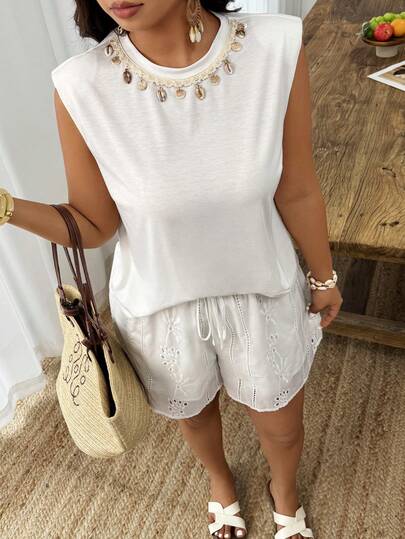 Weeklong Plus Size Women's Spring/Summer Seashell & Ocean Elements Decor Shoulder Pad Textured Eyelet Embroidery Fabric Matching Set