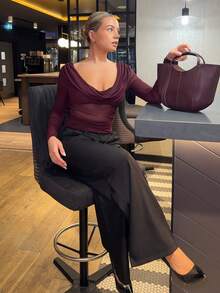 Bethéva Áo lưới tay dài cổ khoét sâu màu trơn thời trang cho nữ, áo lưới xuyên thấu, áo dài tay - Màu Đỏ Sâu - Xem 4