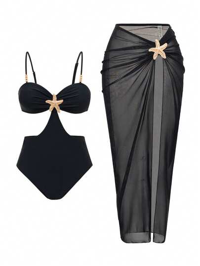 Swim Oasis 两件套时尚性感海星装饰镂空连体泳衣，搭配高端优雅荷叶边开衩长裙，适合海滩度假、泳池派对和日常穿着。